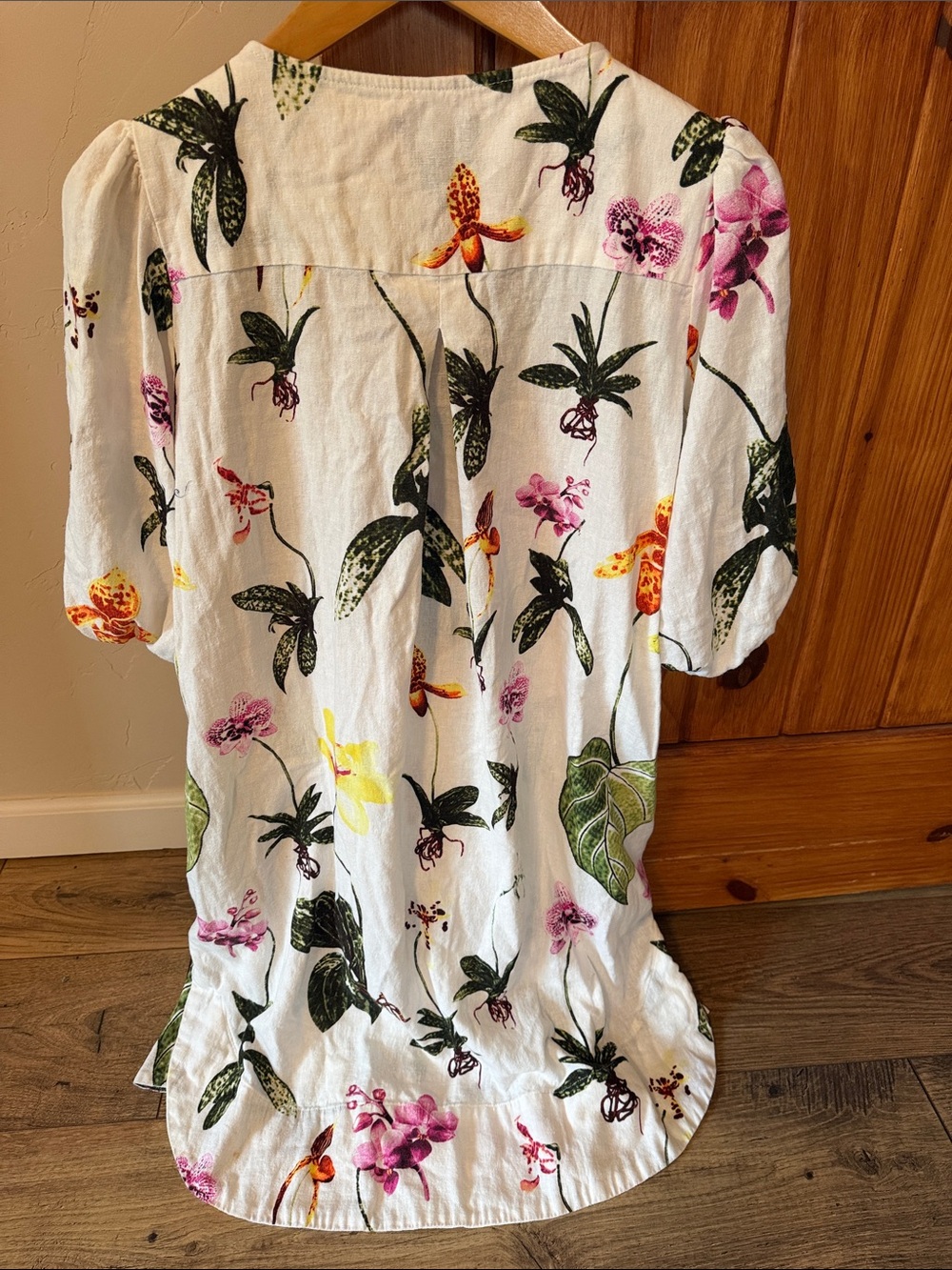 Joie Orchid Botanical Print Linen Puff Sleeve Dress Floral White Boho Size L - Picture 7 of 9